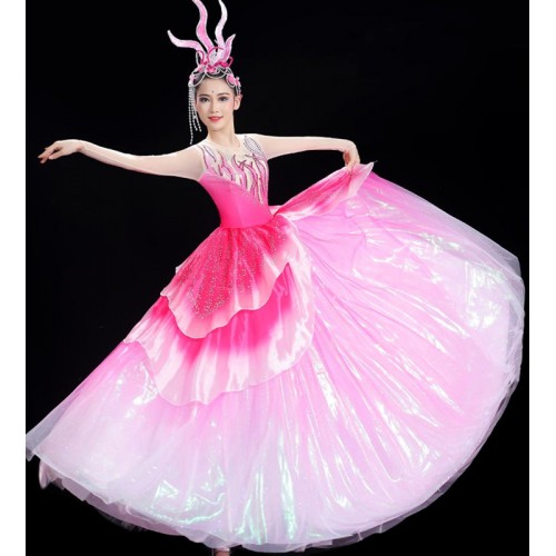 Pink Flamenco Dance Dresses for women girls spanish bull  paso double dance cotumes stage performance opening petals ballroom dance dresses
